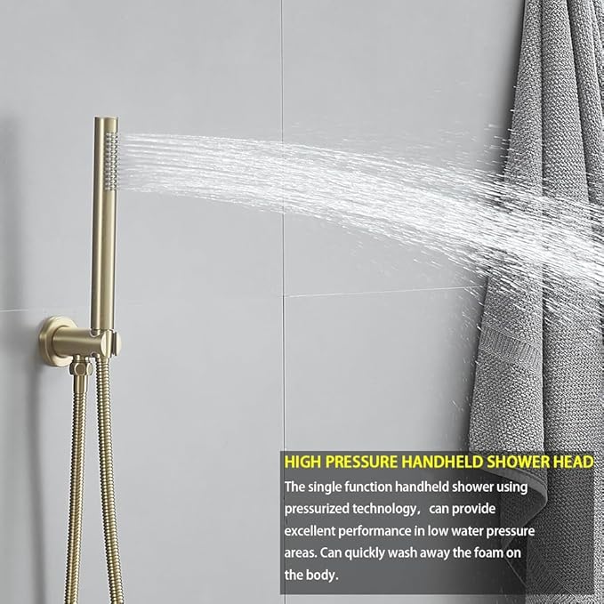 Brushed Gold Ceiling Mount Round Rain Shower System with 16 Inch Shower Head and Handheld Bathroom Shower Set Contain Shower Faucet Trim Kit (Mixer Valve Included)