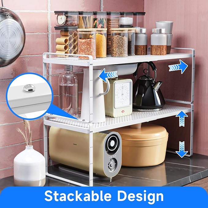 Expandable Kitchen Shelf Organizers, Kitchen Cabinet Organizer Stand Rack Organization for Countertop Cupborad Pantry, White 1 Pack