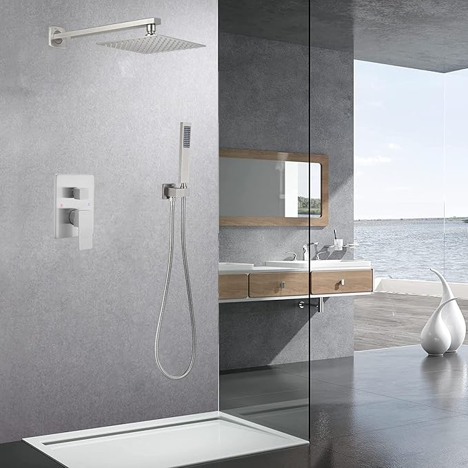 Brushed Nickel Shower System Brass Bathroom Luxury Rain Mixer Shower Combo Set Wall Mounted Rainfall Shower Head System Shower Faucet Rough-in Valve Body and Trim Included