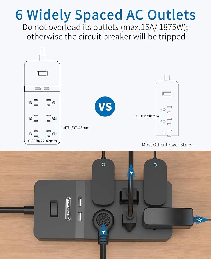 2 Prong Surge Protector Power Strip with 10ft Extension Cord, NTONPOWER 2 Prong to 3 Prong Outlet Adapter with 6 Outlets 2 USB Ports, 2100J Surge Protector Wall Mount for Old House Non-Grounded Outlet