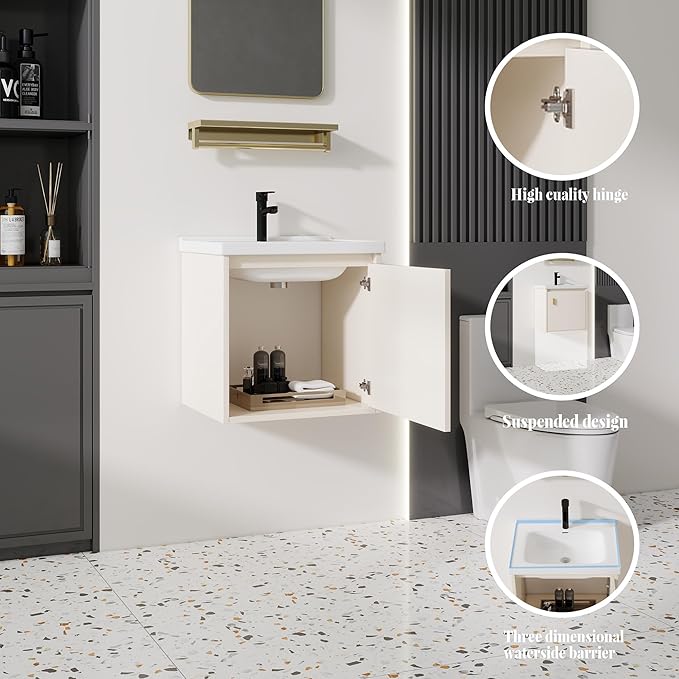 20'' Bathroom Vanity with Ceramic Sink Combo, Wall Mounted Small Bathroom Vanity with Soft-Close Door Modern Floating Cabinet, Pop-up Drain, P-Trap Included, Khaki(No Faucet)