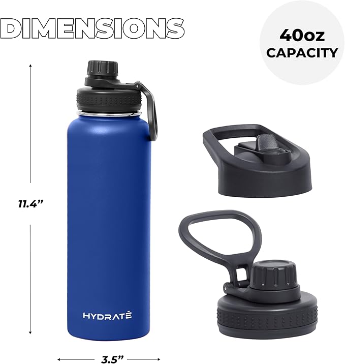 HYDRATE Insulated Stainless Steel Water Bottle - Large Reusable Flask with Leak-Proof Design and Convenient Handle - Double Vacuum Insulation for School, Work, or Adventure