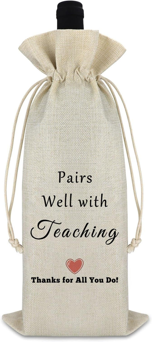 Gfhzdmf Thank You Gifts for Teacher Women Wine Bag Office Gift for Coworkers Appreciation Gift Mothers Day Gift for Mom Burlap Wine Wrap Bags Teachers Day Christmas Gift Drawstring Wine Gift Bag