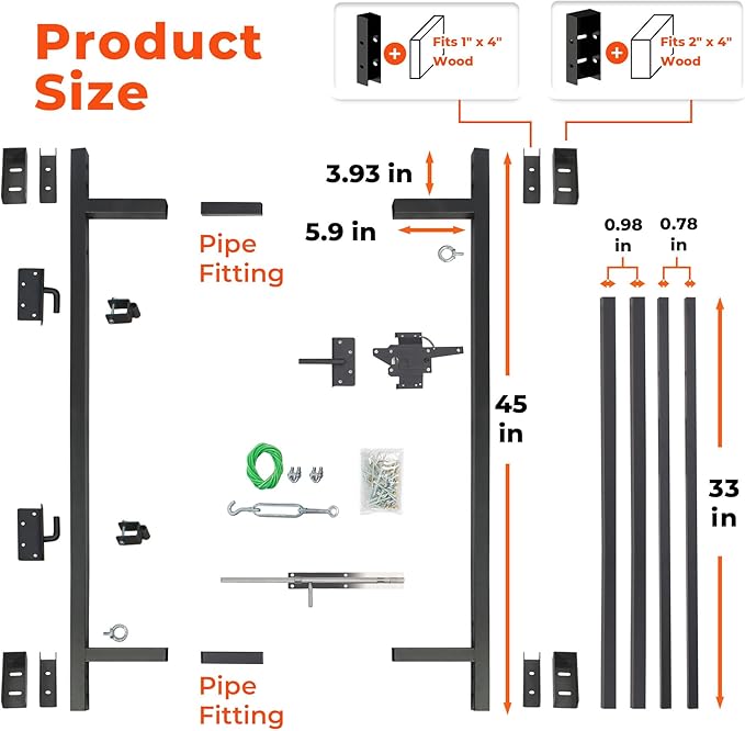 Heavy Duty Fence Gate Kit 36"-72" Adjustable DIY Wood Gate Building Kit, Fits 1"x4" & 2"x4" Wood for 4-5 ft Gates