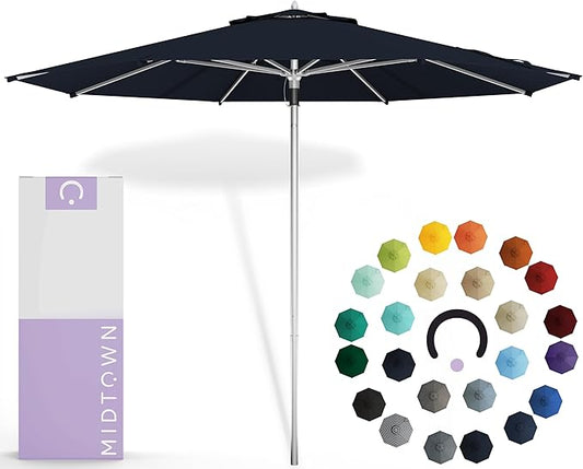 Midtown Umbrellas Push Pop Sunbrella Umbrella 9 Feet Outdoor Umbrella in Canvas Navy Acrylic - Patio Umbrella, Backyard Umbrella, Garden Umbrella, Picnic Table Umbrella & Pool Umbrella - Black Pole