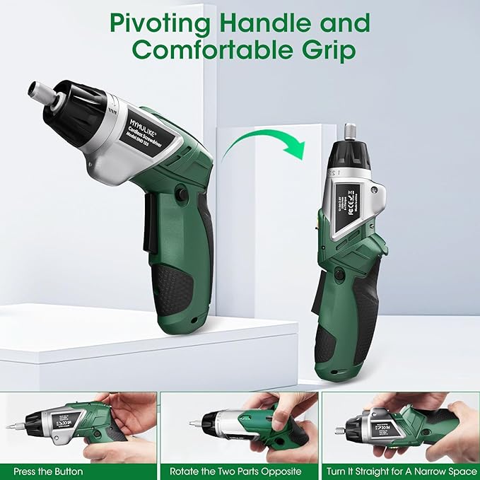 Electric Screwdriver Cordless Set, 3.6V Power Screwdriver Rechargeable with Light, Green Screw Gun with Pivoting Handle and Drill, 49 Pcs Accessories, 6+1 Torque Setting, 2000 mAh Battery