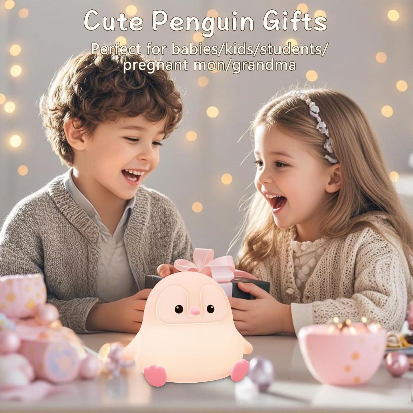 Penguin Night Light for Kids,Cute Pink Penguin Touch Lamp,Soft Silicone Nursery Nightlight,LED Squishy Novelty Animal Bedside Lamp,Rechargeable/Dimmable/Timer Desk Lamp,Kids Room Decor