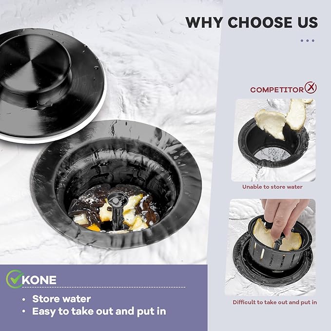 KONE Extended Garbage Disposal Flange with Strainer and Stopper, Deep 304 Stainless Steel Kitchen Sink Flange for 3-1/2 Inch Standard Sink Drain, Convenient for Water Storage and Drainage Black