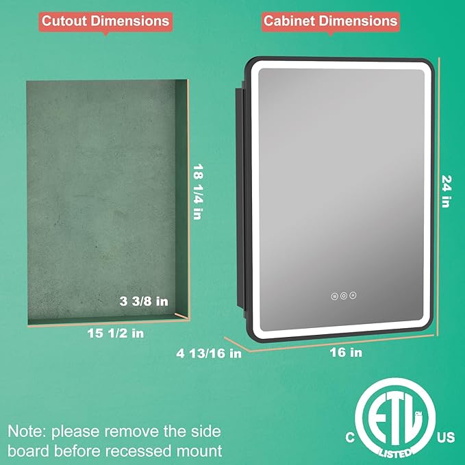 16x24 Inch Medicine Cabinet with Mirror, Recessed or Surface Mount Bathroom Medicine Cabinet with LED Lights, Anti-Fog, Memory Function, Adjustable Shelf, Dimmable Light, ETL Listed, Black,Left Hinge