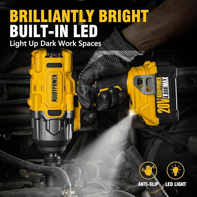 ALLOYPOWER Cordless Brushless Impact Wrench, 1475 ft-lbs (2000N.m), 1/2 High Torque power impact gun, 3-Mode Speed, 4000mAh Battery, 3 Sockets, Electric Impact Wrench Set for Car Tire Truck RV Mower