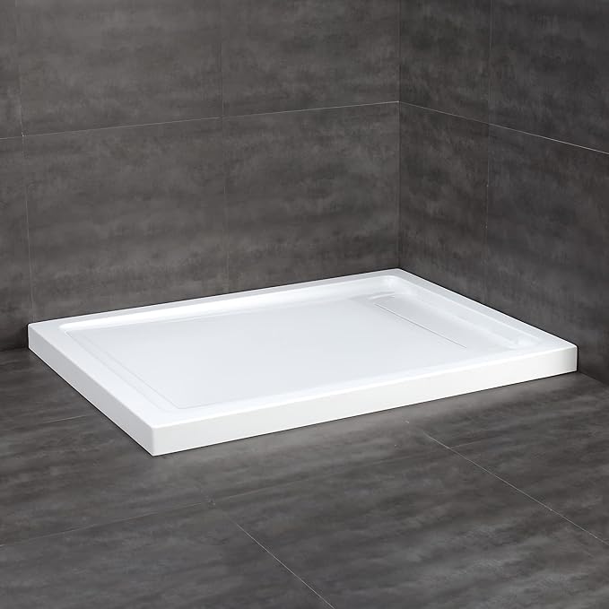 OVE Decors 48-in W x 32-in D Shower Base Pan Rectangle, Hidden Side Drain, White Acrylic, Reversible Design
