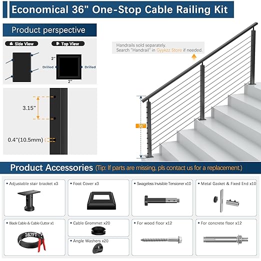 3 Pack Economical Stair Cable Railing Post Kits 36", Stainless Steel T304 Deck Stair Railing System with Swageless Tensioner, Upgraded Black Powder Coated Stairway Post Kits with DIY Length
