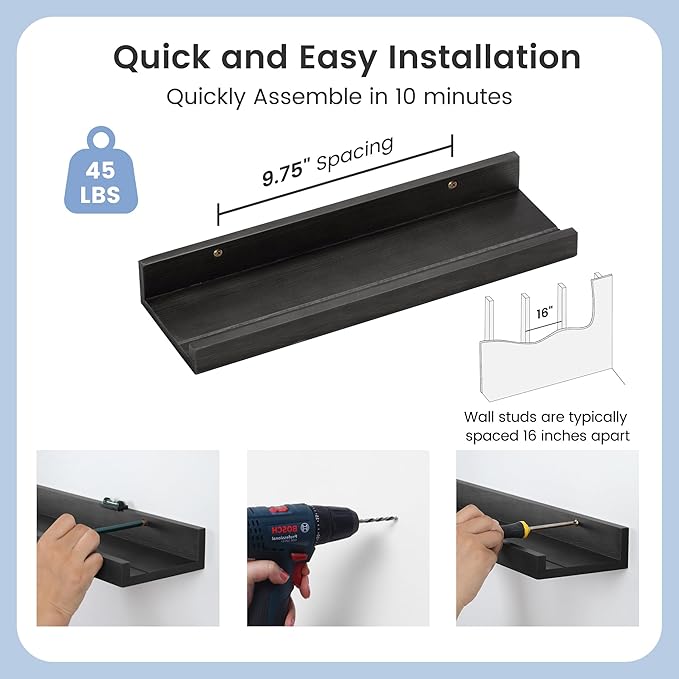 Picture Ledge Shelf for Wall, 16 inch Solid Pine Wood Nursery Book Shelves 2 Packs, Floating Ledge Shelves for Kids' Room Bedroom Bathroom Living Room Photo Frames Office Nursey Wall Decor, Black