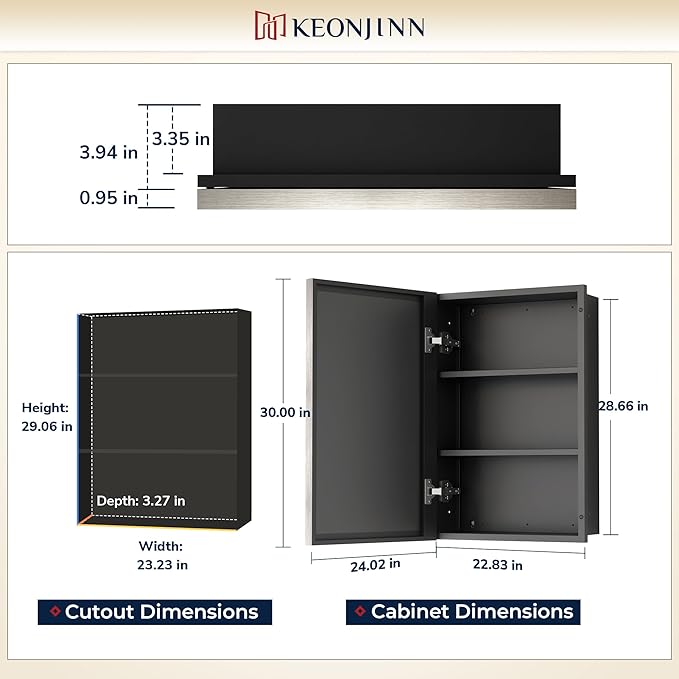 Keonjinn 24" x 30" Medicine Cabinets with Mirror for Bathroom, Brushed Nickel Recessed or Surface Wall-Mounted Aluminum Alloy Framed Beveled Mirror, Farmhouse Bathroom Mirror with Storage Cabinet