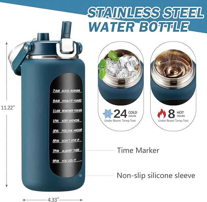 BLUEGO 64oz Insulated Water Bottle with Straw and Handle Leakproof Half Gallon Wide Mouth Motivational Water Bottle, 2-IN-1 Straw Spout Lid Stainless Steel Water Jug for Sport Travel Gym-Dark Blue