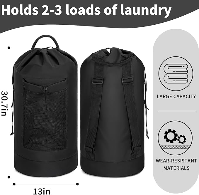 Laundry Bag Backpack with Shoulder Straps and Mesh Pocket Foldable Laundry Hamper for College, Apartment, Laundromat (Black)