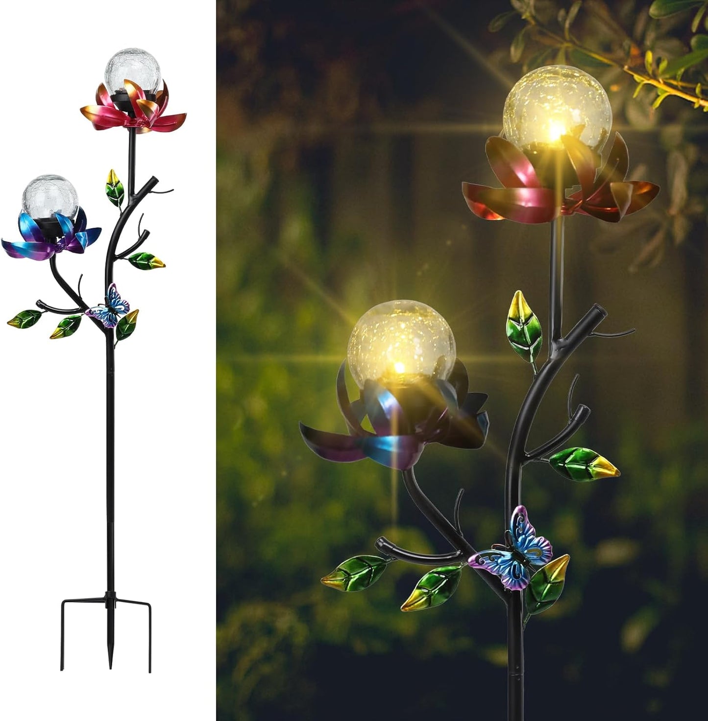 VCUTEKA Solar Garden Light Solar Flowers Light with LED Crackle Glass Globe Solar Lights Outdoor Metal Garden Stake Wind Spinner for Garden Decoration, Patio Decor, Yard Decor and Gift for Mother