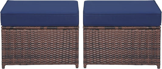 Outdoor Ottoman Rattan Footstool - Patio Ottomans with Removable Cushion, All-Weather PE Wicker & Steel Frame for Poolside, Garden Outdoor Furniture,23.6 x 21.7 x 17.8 inches, Brown