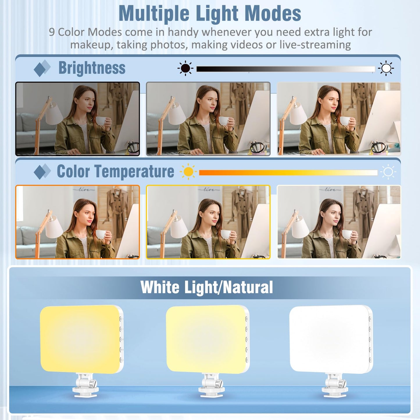 ALTSON 60 LED Portable Selfie Light Video Conference Lighting with Clip & Camera Tripod Adapter Rechargeable 2200mAh CRI 97+, 3 Light Modes for Phone iPhone Webcam Laptop Photo Makeup
