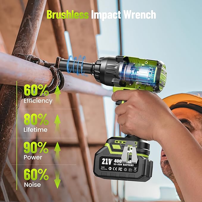 1400N.m (1032ft-lbs) Cordless Impact Wrench, 1/2 High Torque Brushless Impact Gun, 2400RPM Power, 2 x 4.0Ah Batteries, Fast Charger, Impact Wrench for Heavy Duty Truck RV Mower
