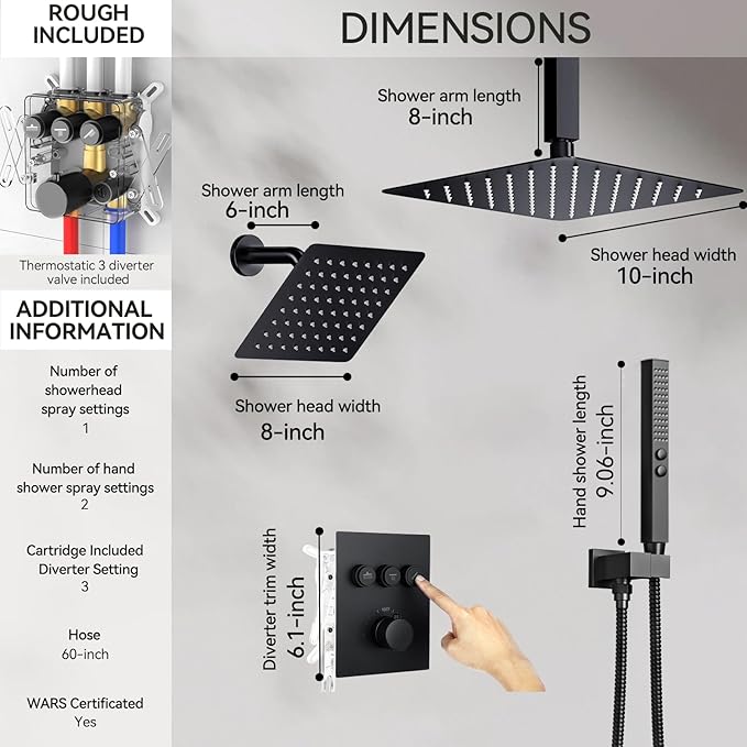 Shower Faucet Set Matte Black Shower System,10" Ceiling Rainfall Shower and 6" Wall Mount Rain Shower with 2 in 1 Handhled, Can Use All at Once, Thermostatic Shower Set with Valve and Trim Kit