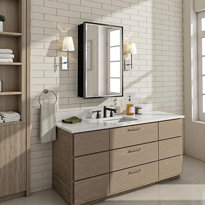 Black Medicine Cabinet Mirror, 16''x 26'' Surface or Recessed Aluminum Framed Medicine Cabinet with Beveled Mirror, Full-Assembled, Adjustable Shelves,Reversible Bathroom Mirror with Storage
