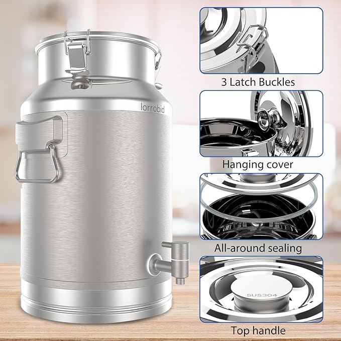 Milk Can, 304 Stainless Steel 28 Liter Milk Can, Milk Bucket Wine Pail Bucket with Spigot, 6.6 Gallon Milk Can with Sealed Lid and Stainless Steel Ladle Sealed Lid Heavy Duty for Milk Can.