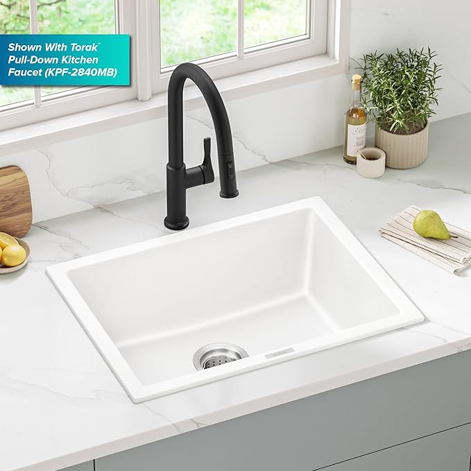 KRAUS Quarza 24-inch Granite Drop-In/Undermount Single Bowl White Kitchen Sink, KGD-410BWHITE