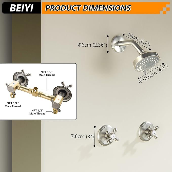 2 Handle Shower Faucet, Two Handles Shower Faucet Set with 5 Modes Rainfall Shower Head 2 Knobs Single Function Shower Trim Kit with Brass Rough-in Valve, Brushed Nickel
