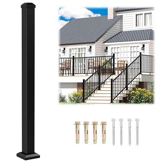 1 Pack 2.56 in. x 2.56 in. x 43 in. Aluminum Deck Railing Post with Screws, Black Textured Outdoor Powder-Coat Finish Stair Post for Decks, Porches & Balconies (1x 43in Post)