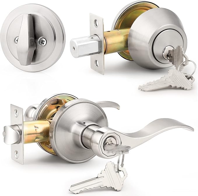 Probrico Drop Style Entry Door Handle Set with Single Cylinder Deadbolt in Satin Nickel Finish, Keyed Alike Lockset Handleset Combo Pack, Contemporary Style