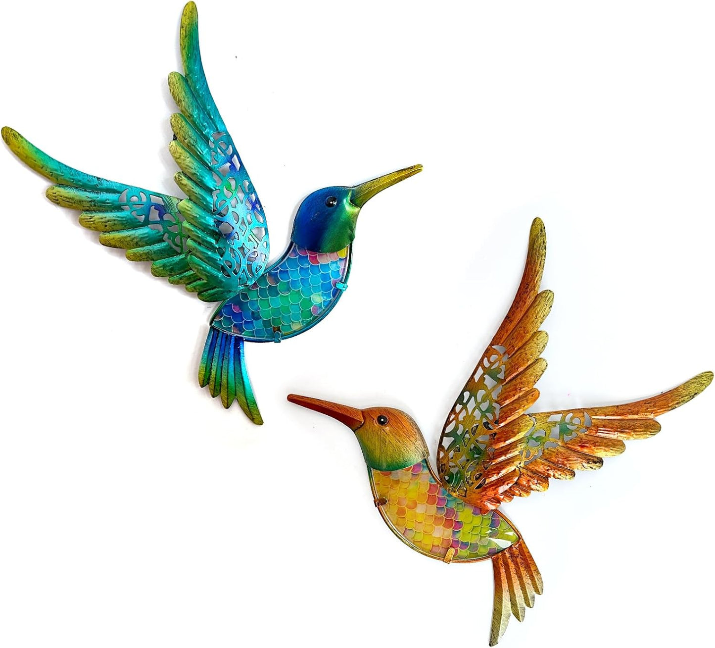 HONGLAND Metal Hummingbird Wall Art 12inch Metal Birds Wall Sculpture Garden Decoration Outdoor Statue Patio Fence Hanging Plaques 2 Pack（Multicolor）