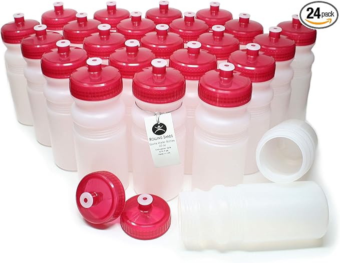 Rolling Sands 20 Ounce Sports Water Bottles 24 Pack, BPA-Free, Made in USA, Dishwasher Safe, Clear Frost Bottles/Red Lids