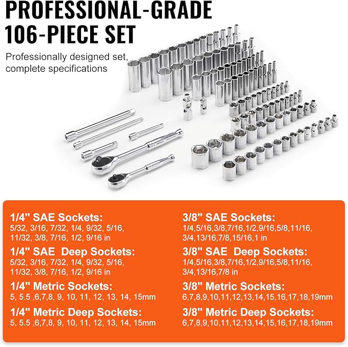 VEVOR Socket Set, 1/4" and 3/8" Drive Socket and Ratchet Set, 6-Point Socket Opening, 106 Pcs Tool Set SAE and Metric, Deep and Standard Sockets, 5/32-1 in, 5-19 mm, with Accessories, Storage Case