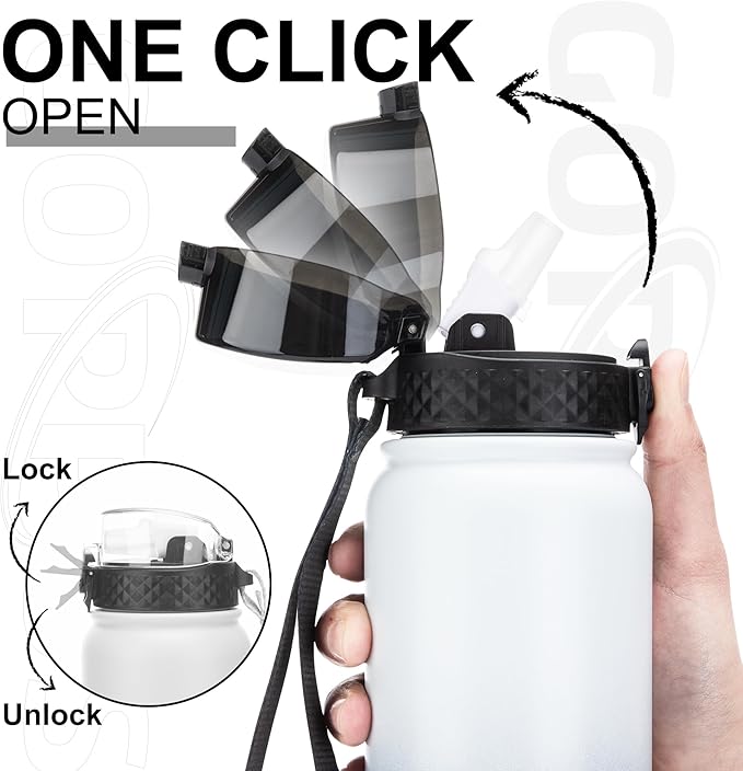 GOPPUS 32 oz Sports Water Bottle 1 Liter Double Wall Insulated Stainless Steel Water Bottles with Straw Lid Reusable Leak proof Metal water bottles with Strap Handle(White Black 1 lid)