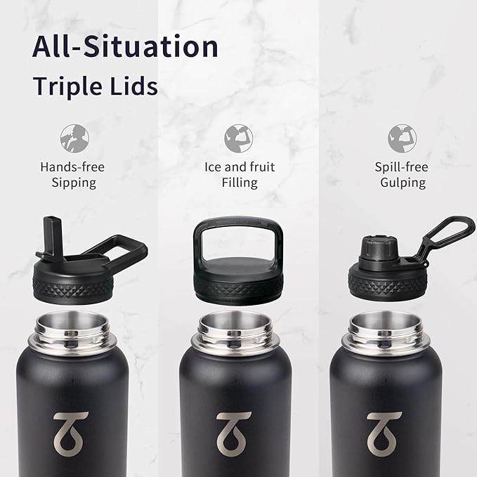 Trebo 40oz Water Bottle Insulated with Lid and Straw,Double Wall Vacuum Stainless Steel Metal Tumbler Sports Flask with Paracord Handle, Keep Hot 24 Hours & Cold 48 Hours Water Jug with 3 Lids, Black