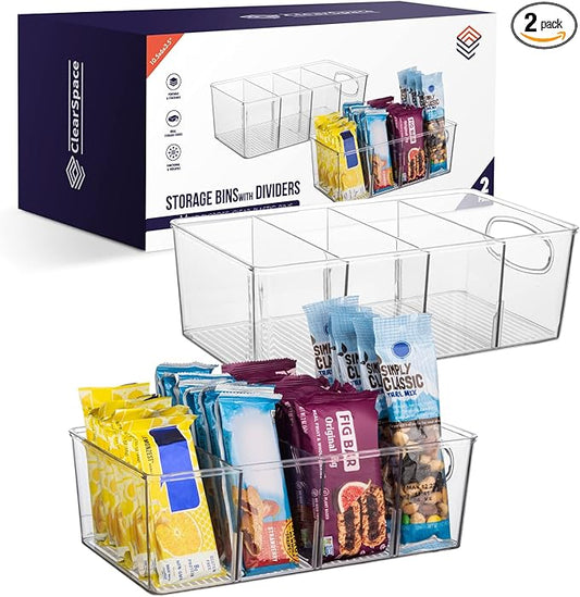 ClearSpace Plastic Pantry Organization and Storage Bins with Removable Dividers – Perfect Kitchen Organization or Kitchen Storage – Refrigerator Organizer Bins, Cabinet Organizers (2 Pack)