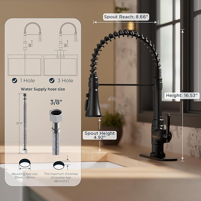 FORIOUS Black Vintage Kitchen Faucet Pull Down Sprayer Stainless Steel, High Arc Single Handle Antique Sink Faucet 1 or 3 Holes for Pot Filler, Farmhouse Camper RV Wet Bar