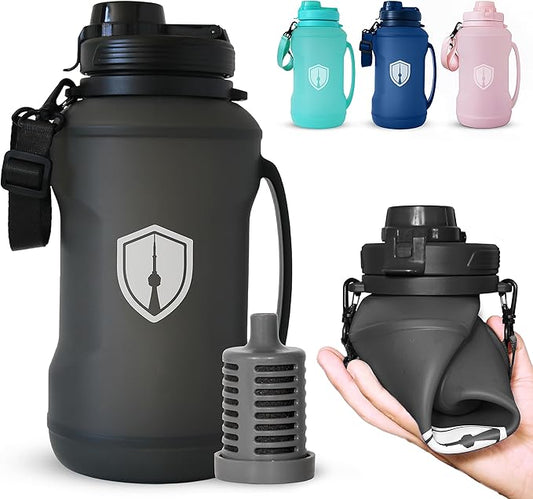 Collapsible Water Bottle for Traveling, Workout or Hiking 64oz Gen 2.0 - Motivational Water Bottle with Time Markings - Half Gallon / 2 L Capacity - BPA Free & Dishwasher Safe (Modern Black + Filter)