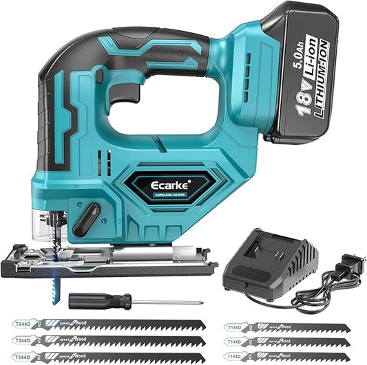 JigSaw Compatible With Makita 18V Battery, Brushless Cordless jigsaw tool with Variable Speed LED Light, ±45° Bevel Cuts 3-Position Orbital Action for Cutting (With 5Ah Battery & Charger Station Kit)