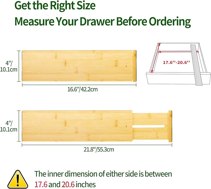 VaeFae 3 Pack Bamboo Drawer Dividers, 4" High Adjustable 16.6" - 21.8" Clothes Drawer Organizers, Expandable Separators for Bedroom/Bathroom/Kitchen/Office Storage
