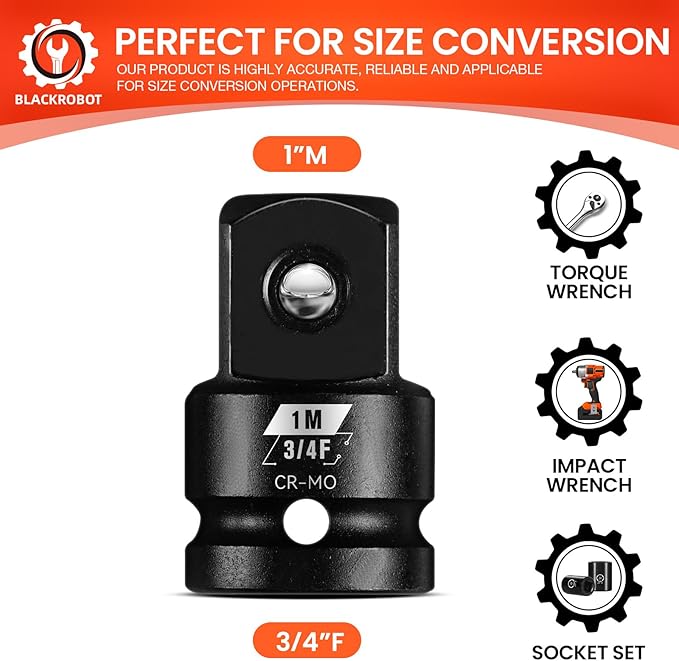 BLACKROBOT 3/4”F To 1”M Impact Socket Adapter, Cr-Mo Steel Exceeds ANSI Standards, Square Drive Reducer for Impact Driver Wrench