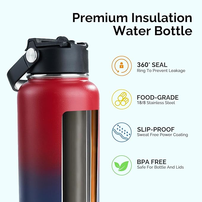 Kerilyn Stainless Steel Insulated Water Bottle, 40oz Double Wall Vacuum Insulated Water Bottle Leak Proof with Silicone Straw, Wide Mouth Lid, BPA Free, Keep Cold and Hot, 40oz, Red Gradient