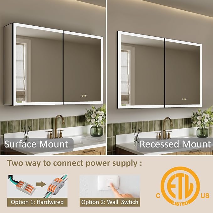 48x32 Inch Led Lighted Medicine Cabinet with Mirror, Recessed or Surface Mount Bathroom Medicine Cabinet, Anti-Fog, Adjustable Shelf, Dimmable Light, Outlets & USB, ETL Listed, Black