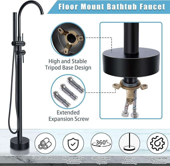 Floor Mount Bathtub Faucet，Matte Black，Freestanding Tub Faucet ，High Flow Dual Function 360 Degree Rotating Tube and Handheld Water Outlet