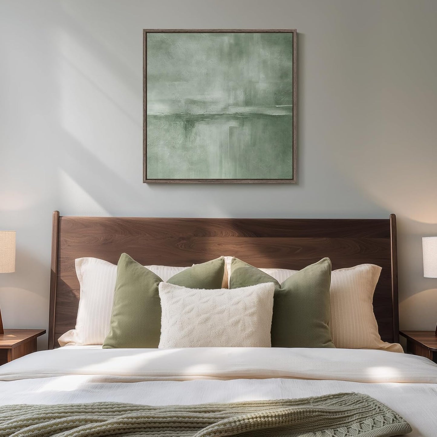 Framed Sage Green Abstract Wall Art, Modern Canvas Prints Artwork for Walls, Square Minimalist Green Abstract Pictures for Living Room, Hallway, Dining Room, Bedroom, Home Office Wall Decor 24x24 In