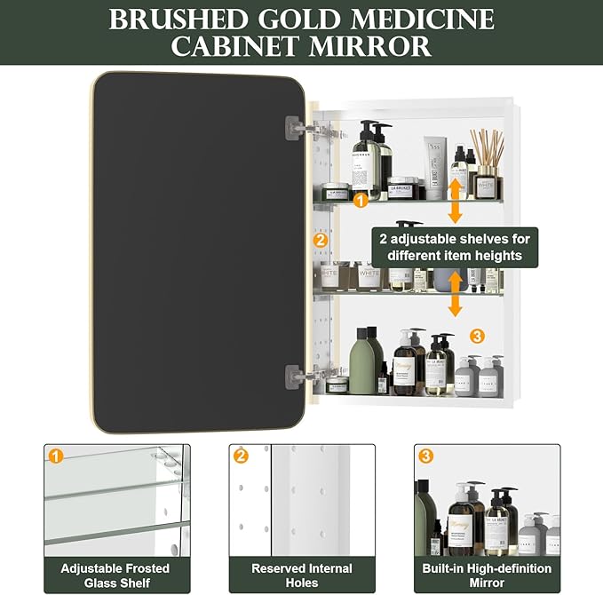 WallBeyond WallByond Bathroom Medicine Cabinet with Mirror, 19x30 Inch Gold Recessed Medicine Cabinet with Round Corner Aluminum Alloy Metal Framed, Single Door Modern MedicineMabinet with Storage