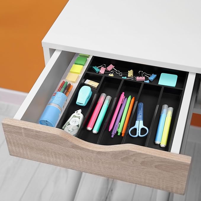 Kitchen Bamboo Silverware Organizer, Kitchen Drawer Organizer - Utensil Holder and Cutlery Tray with Grooved Drawer Dividers for Flatware 7 Slot, Black