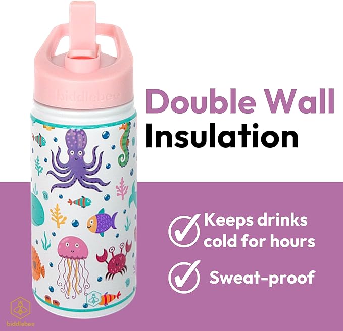 Biddlebee Kids Water Bottle with Straw Lid | 14oz Insulated Stainless Steel Reusable Bottles for School | Leak Proof Cap with Handle & Touch Free Spout | Great for Boys & Girls (Under the Sea)