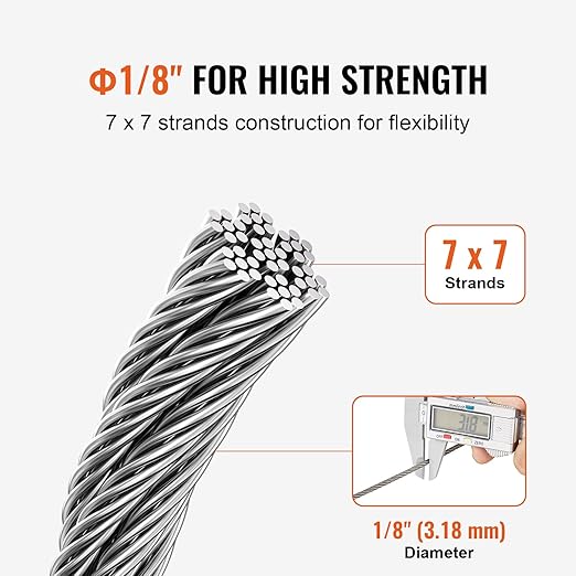 VEVOR 1/8 Stainless Steel Cable, 1/8 Wire Rope, 100 FT 316 Cable Wire 20 Sleeves & 10 Thimbles, 1600 lbs Breaking Strength, 7x7 Strands Marine Aircraft Grade for Handrail Stair Decking Fence Outdoors